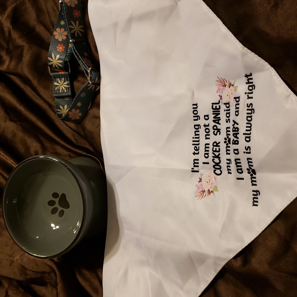 New with out tags  doggie bundle cocker spaniel neckerchief collar bowl